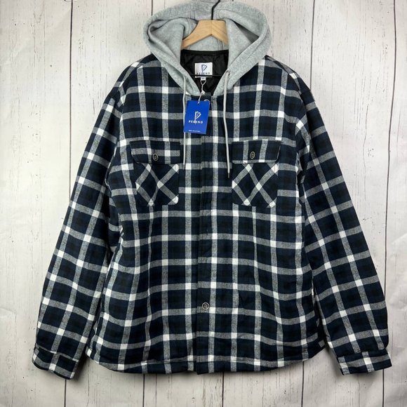 Pegeno XL Plaid Button Quilted Long Sleeve‎ Flannel Jacket Hoodie New Men